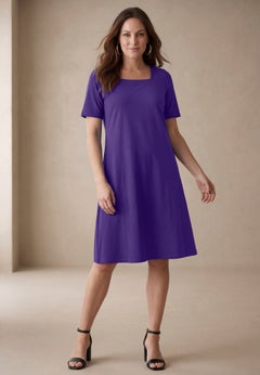 Stretch Cotton Square Neck Midi Dress