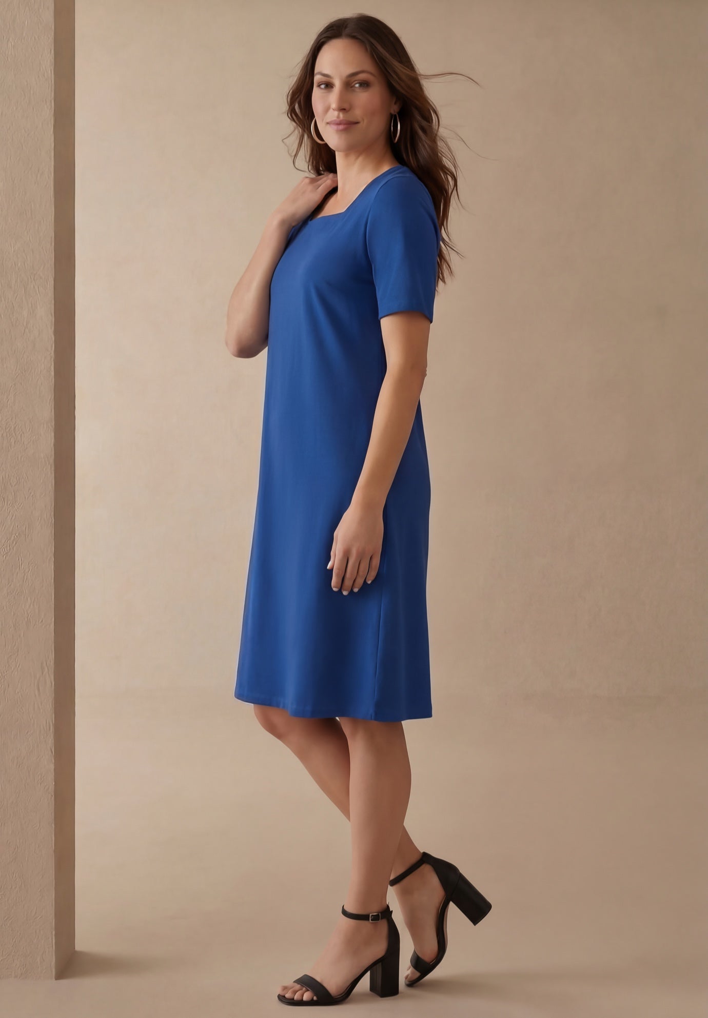 Stretch Cotton Square Neck Midi Dress image number 1