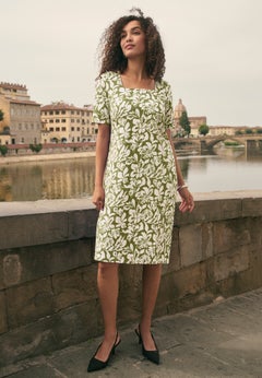 Stretch Cotton Square Neck Midi Dress