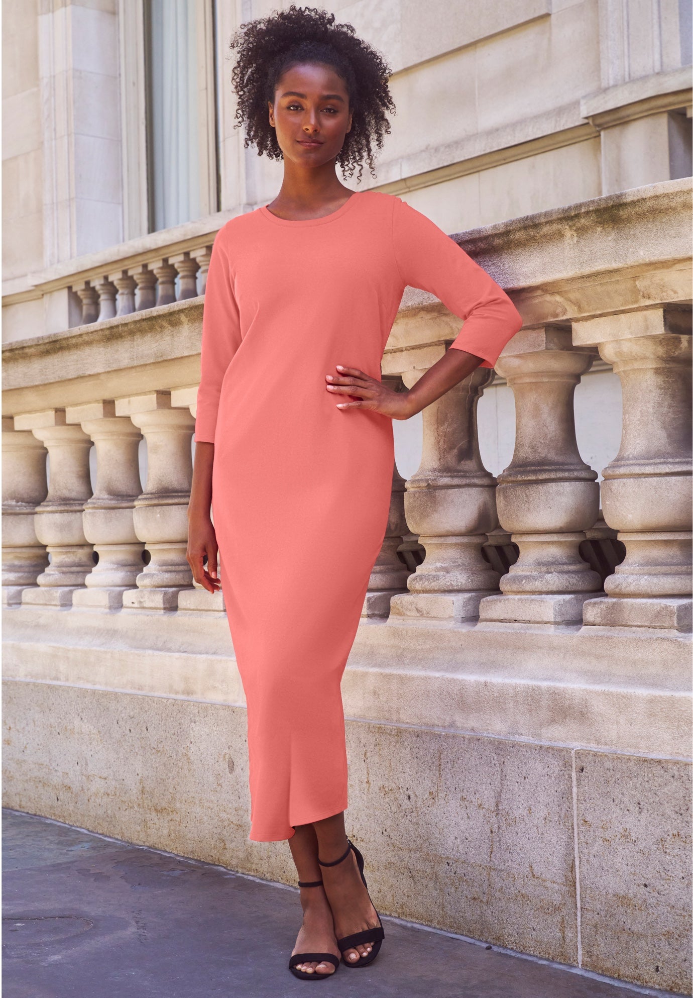 Cotton Spandex Crew Neck 3/4 Sleeve Maxi Dress image number 0