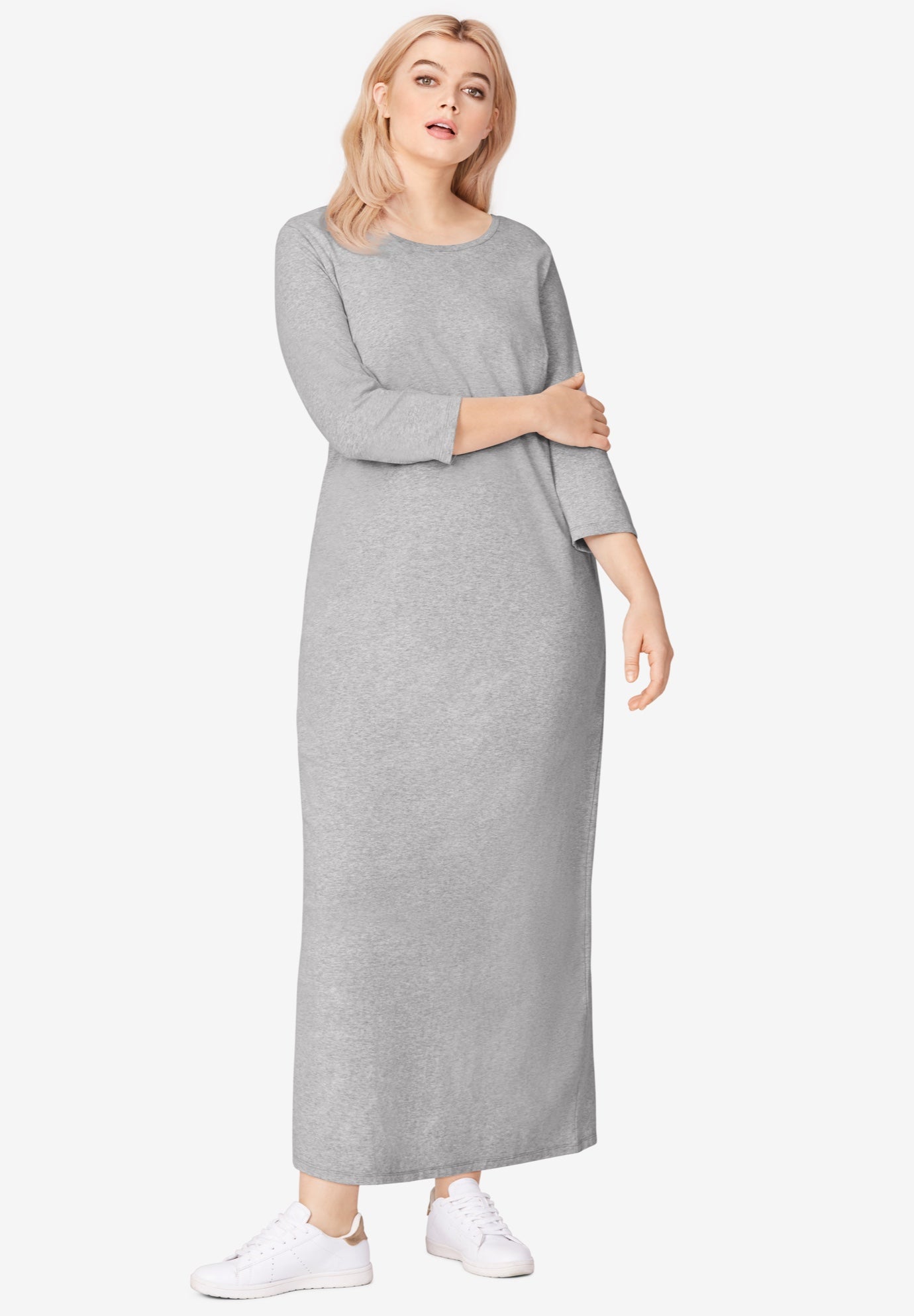 Cotton Spandex Crew Neck 3/4 Sleeve Maxi Dress image number 0
