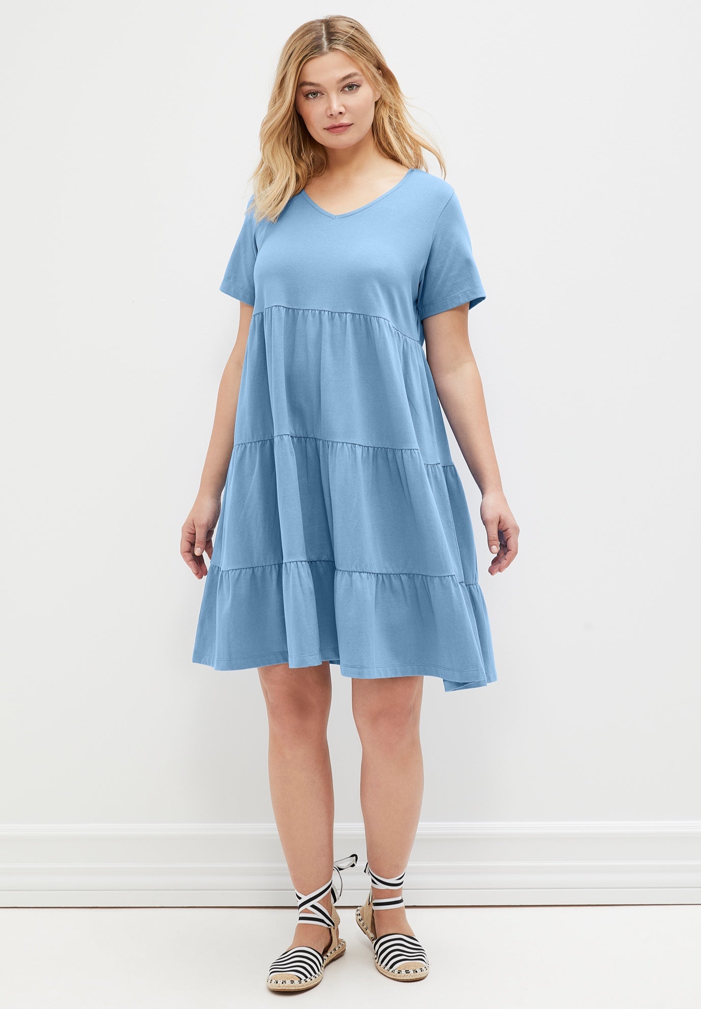 Cotton Spandex V-Neck Short Sleeve Tiered A-Line Dress image number 0