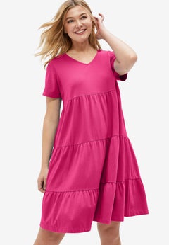 Cotton Spandex V-Neck Short Sleeve Tiered A-Line Dress