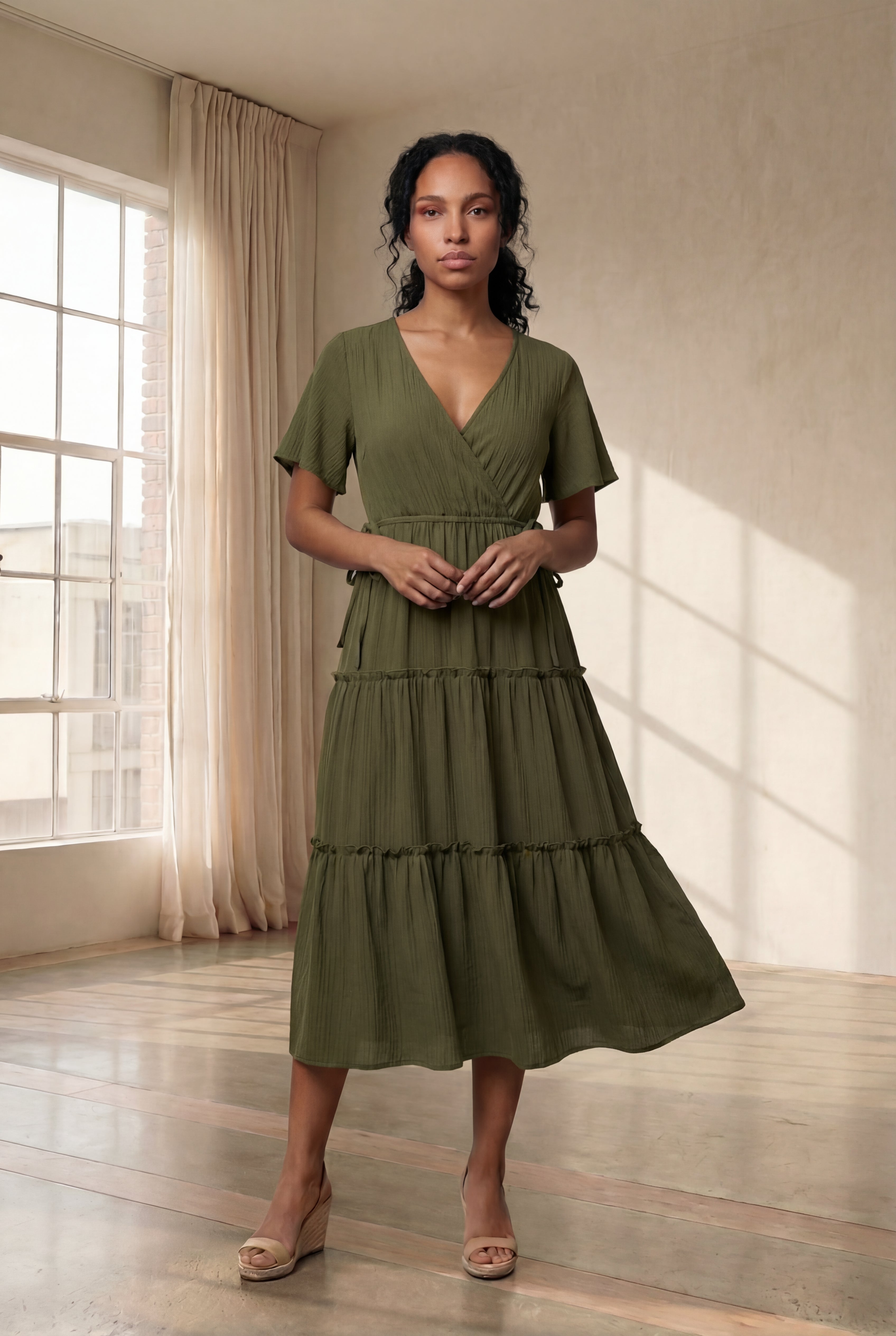 Crinkle Crepe V-Neck Faux Wrap Tiered Midi Dress image number 0