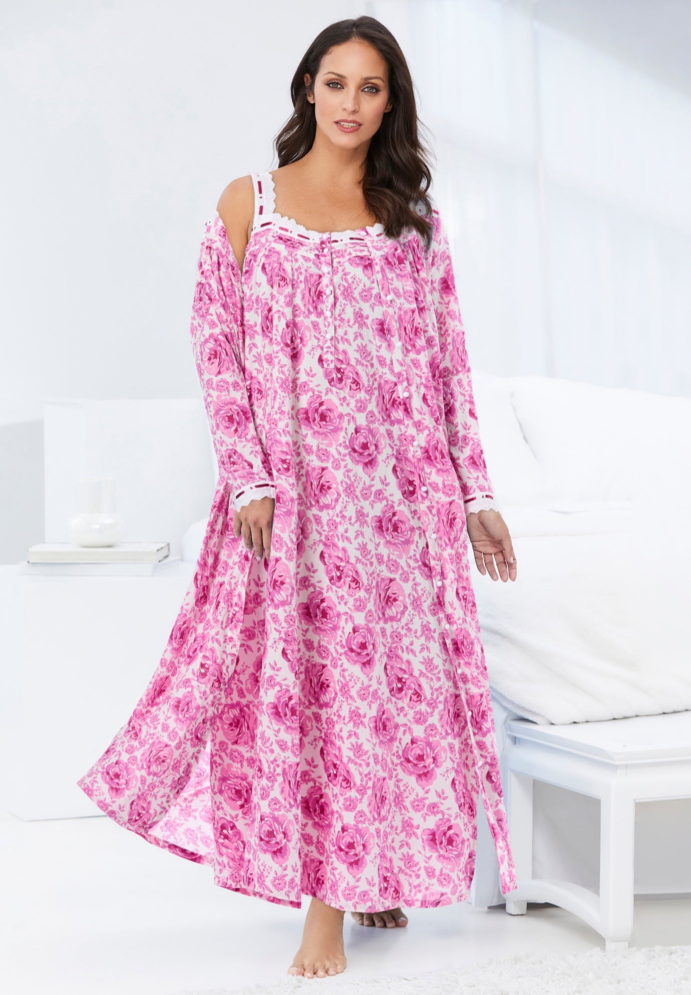 Long 2-Piece Cabbage-Rose Peignoir Set image number 7