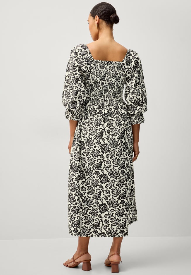 SMOCKED BODICE SQUARE NECK MIDI DRESS image number 1