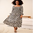 SMOCKED BODICE SQUARE NECK MIDI DRESS image number null