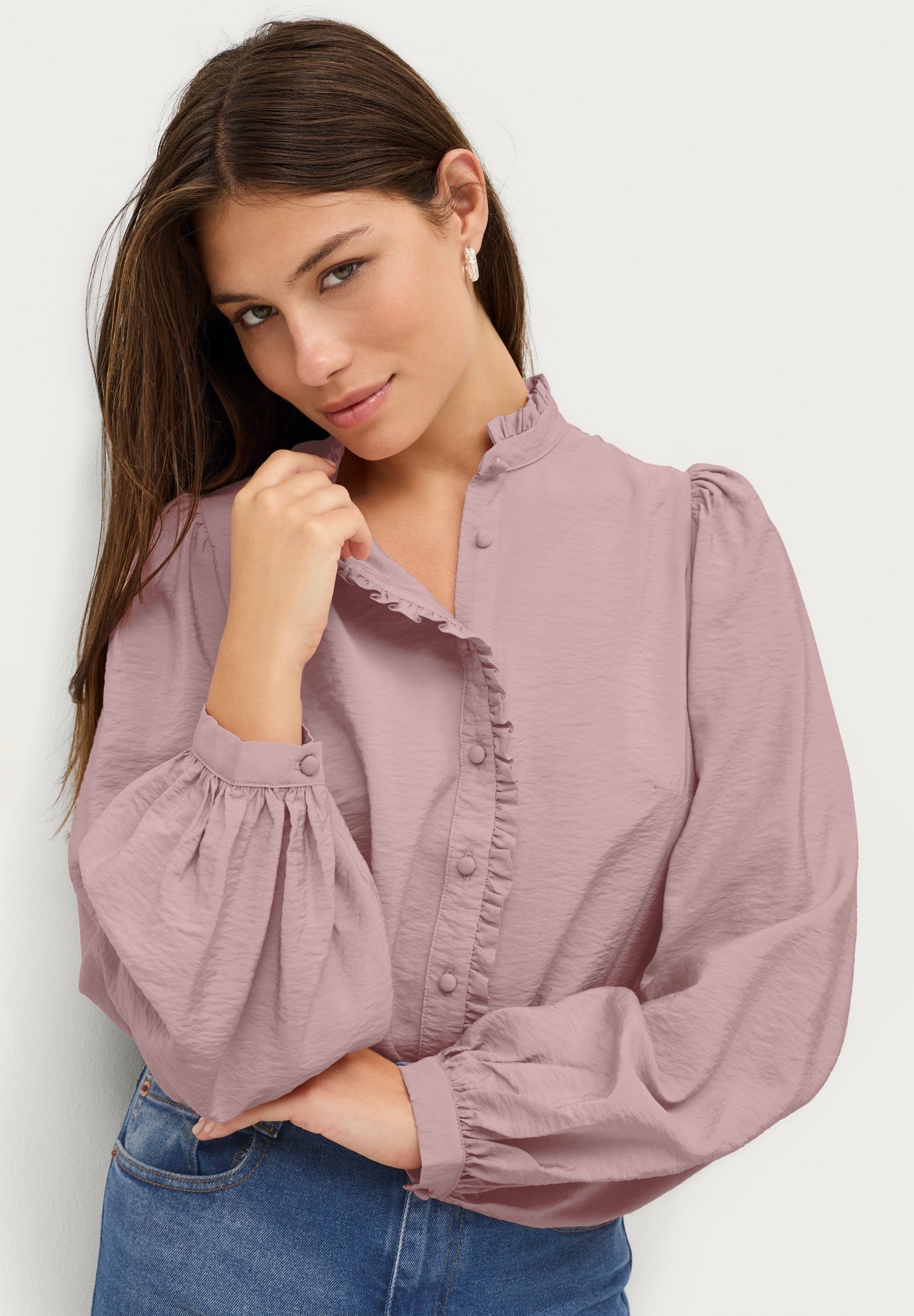 RUFFLE TRIM BUTTON FRONT BLOUSE image number 0