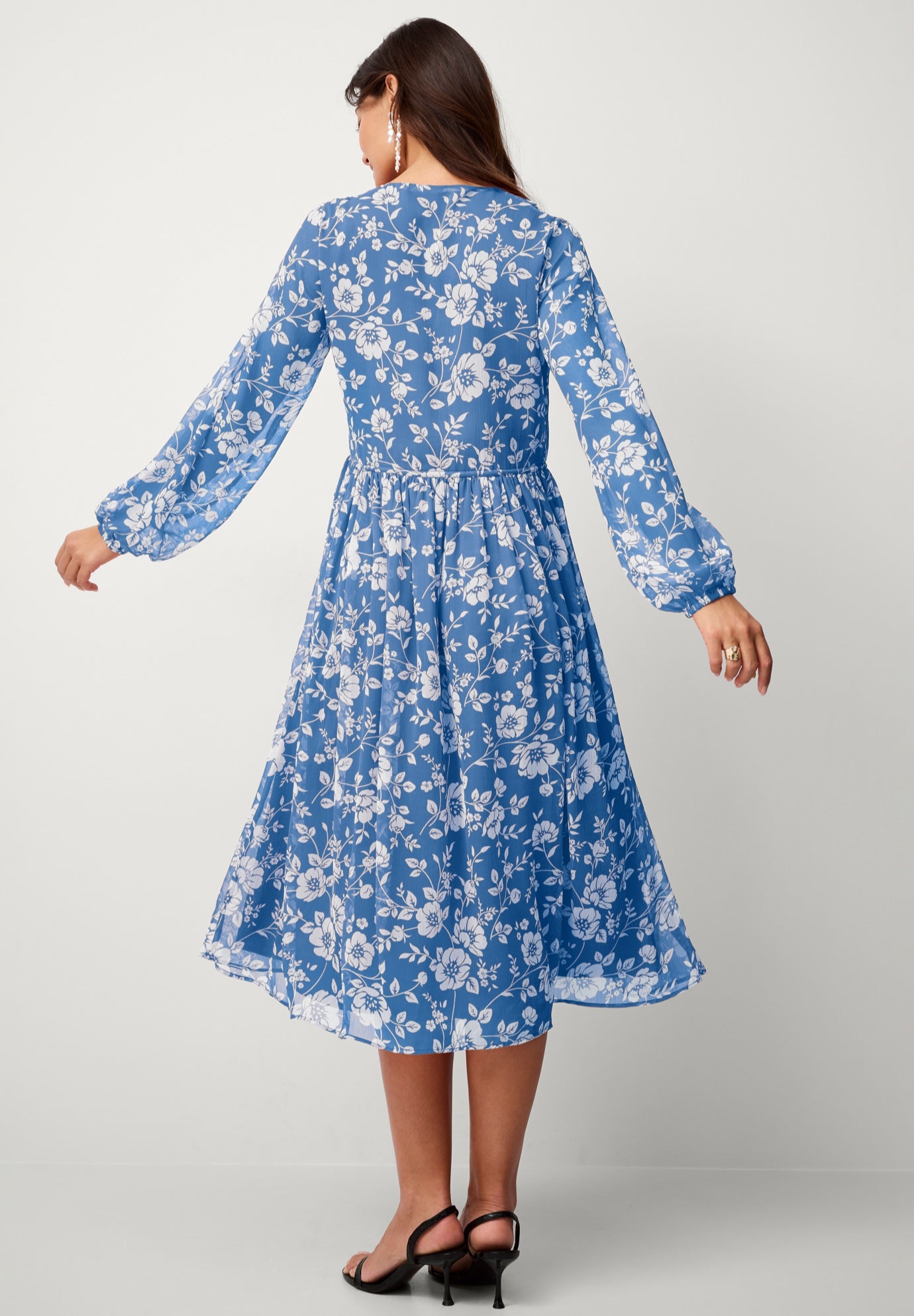 SHEER RUFFLE EMPIRE TIE FRONT MIDI DRESS image number 1