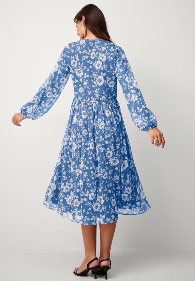 SHEER RUFFLE EMPIRE TIE FRONT MIDI DRESS image number 1