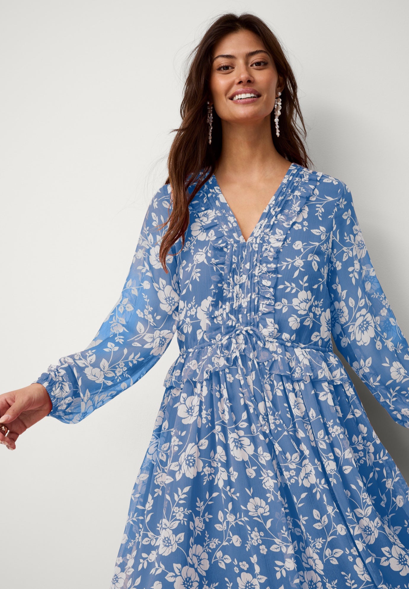 SHEER RUFFLE EMPIRE TIE FRONT MIDI DRESS image number 2