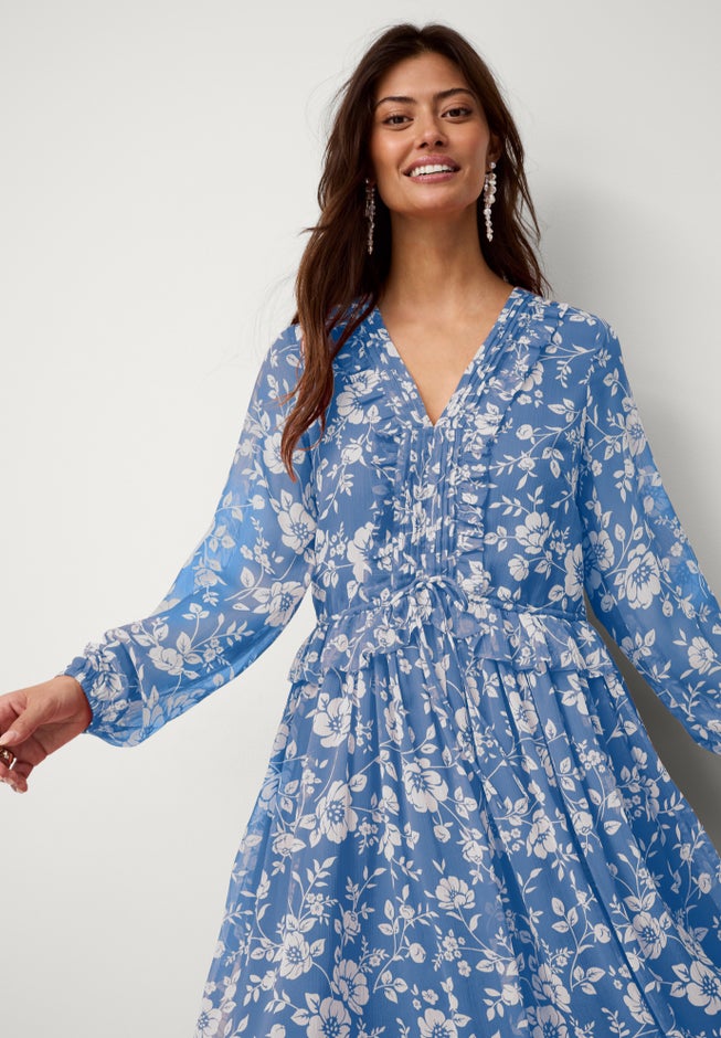 SHEER RUFFLE EMPIRE TIE FRONT MIDI DRESS image number 2