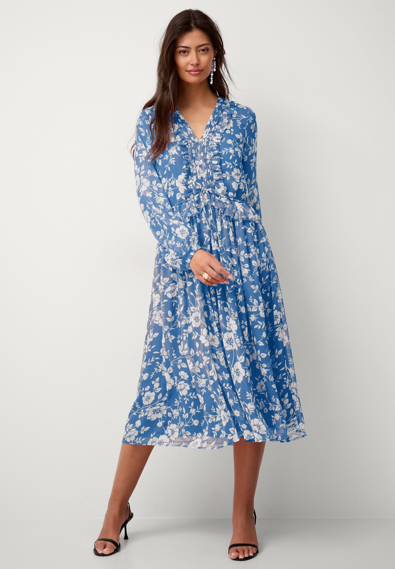 SHEER RUFFLE EMPIRE TIE FRONT MIDI DRESS image number 0