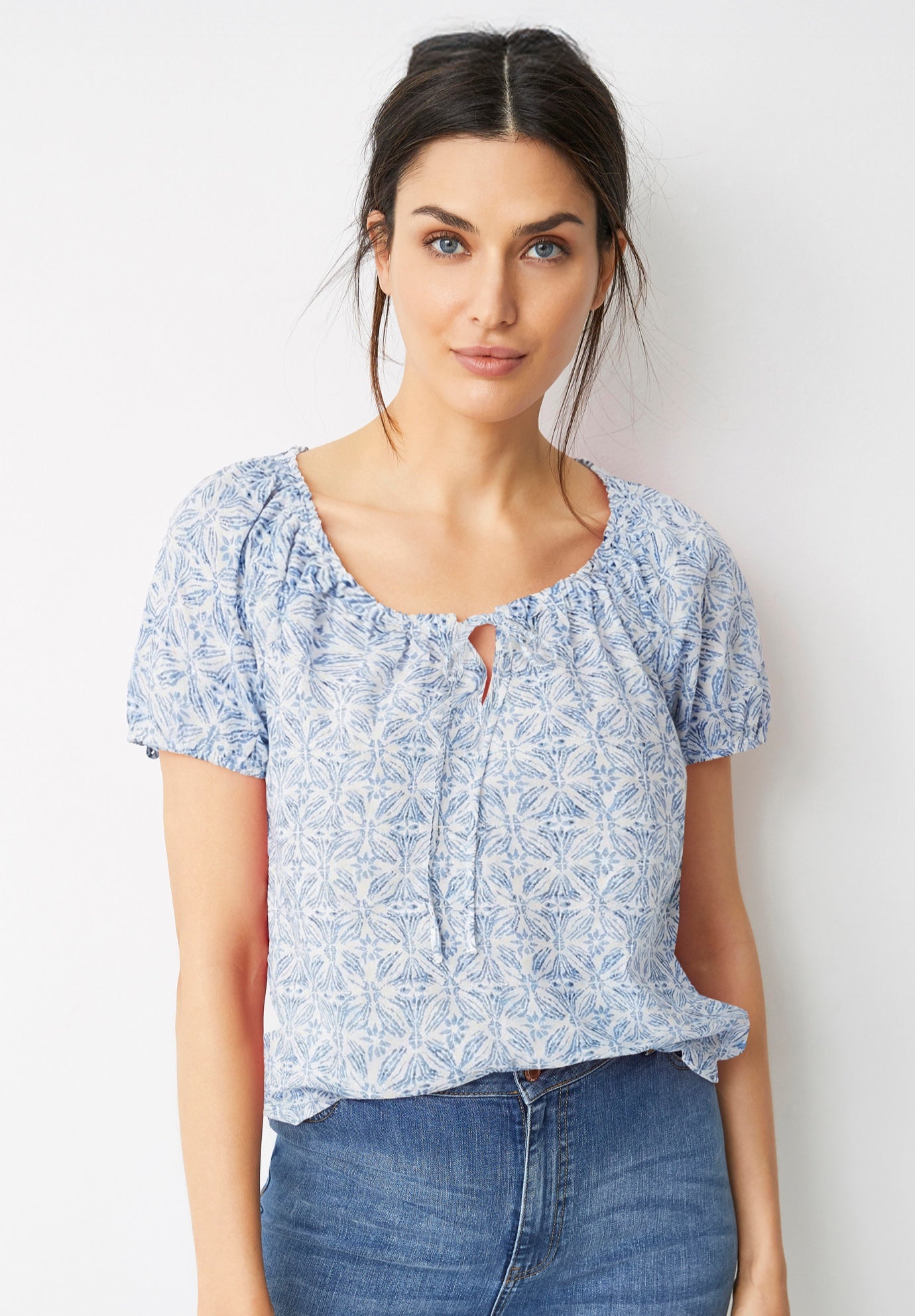 100% Cotton A-Line Peasant Blouse With Scoop Keyhole Neckline image number 0