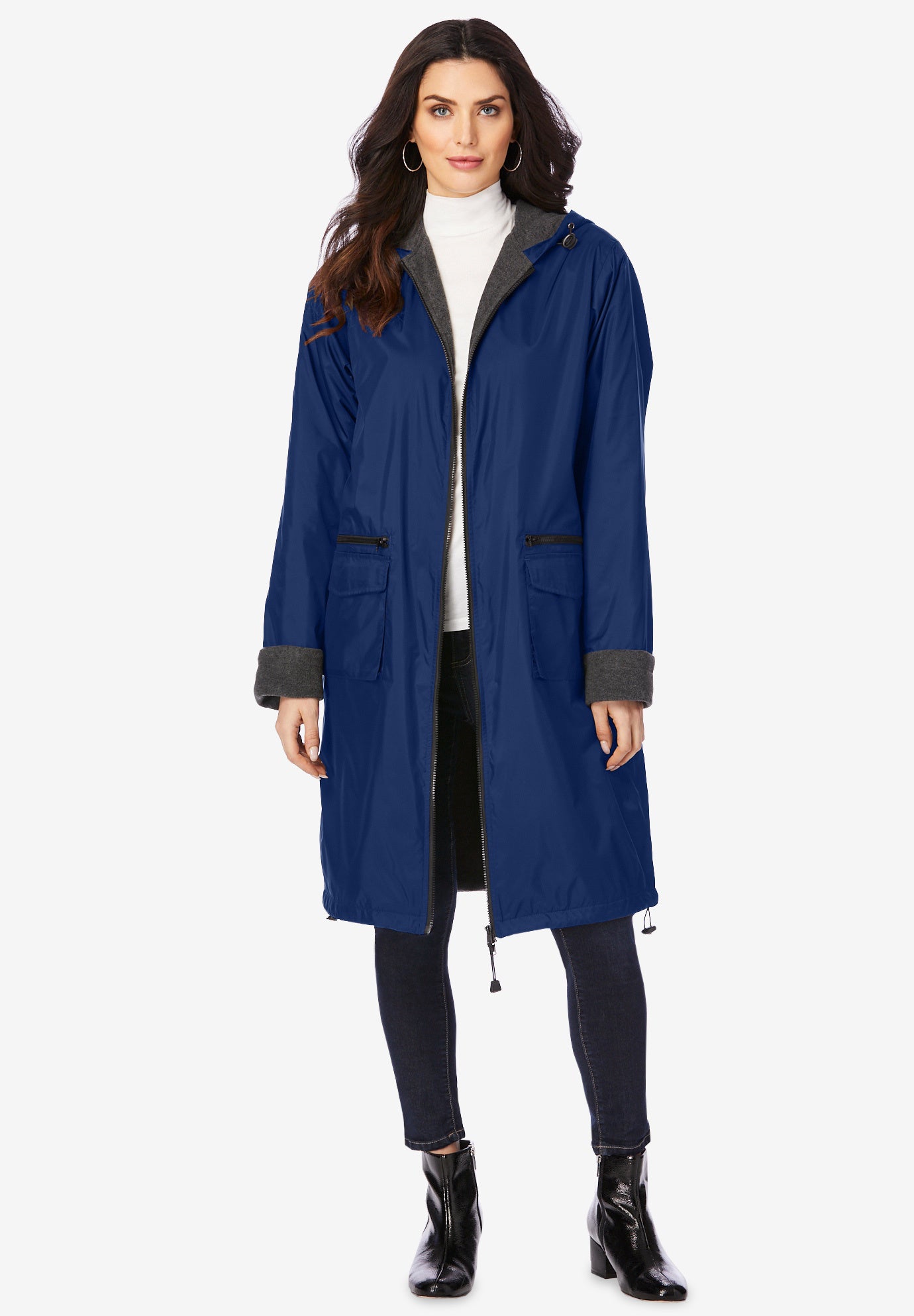 Plus Size Knee Length Hooded Nylon Jacket image number 0