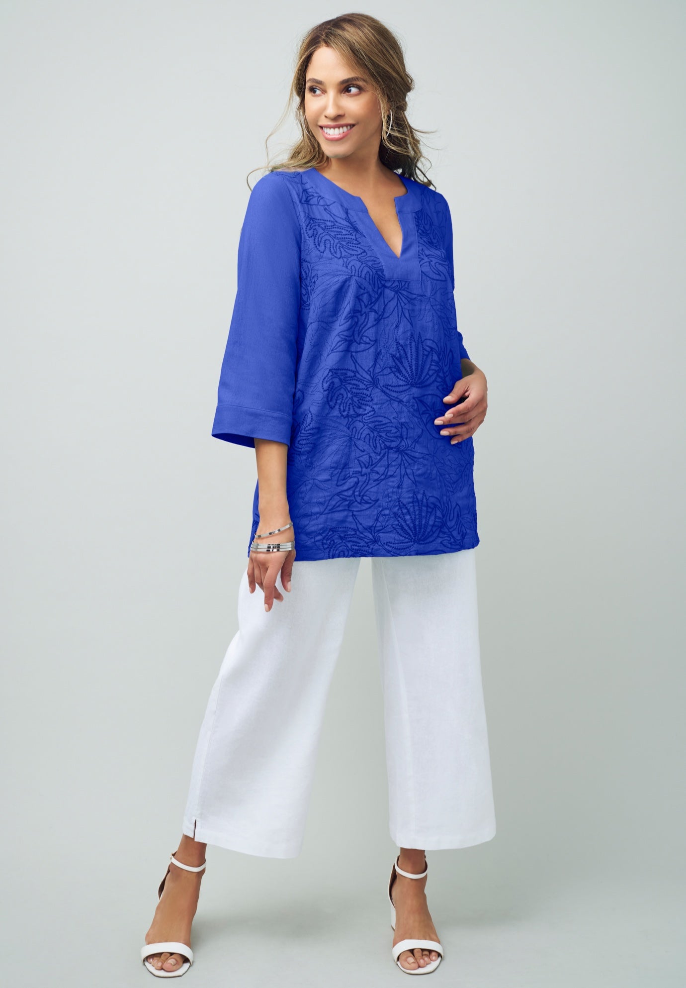 Linen V-Neck Embroidered Tunic image number 0