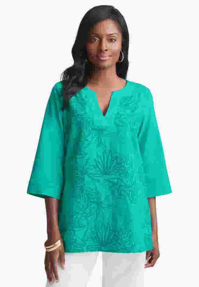 Linen V-Neck Embroidered Tunic image number 0