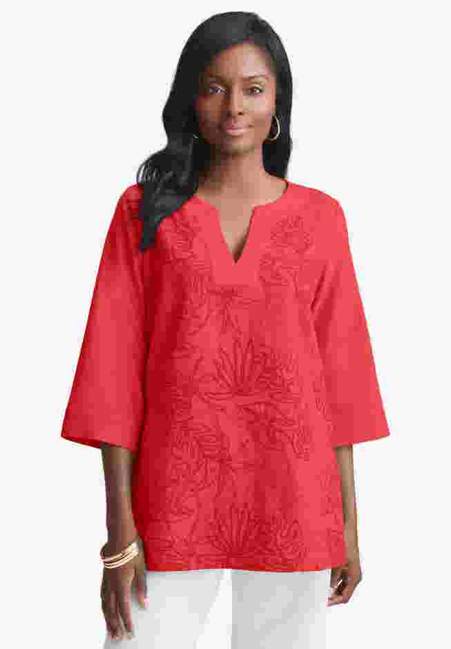 Linen V-Neck Embroidered Tunic image number 0