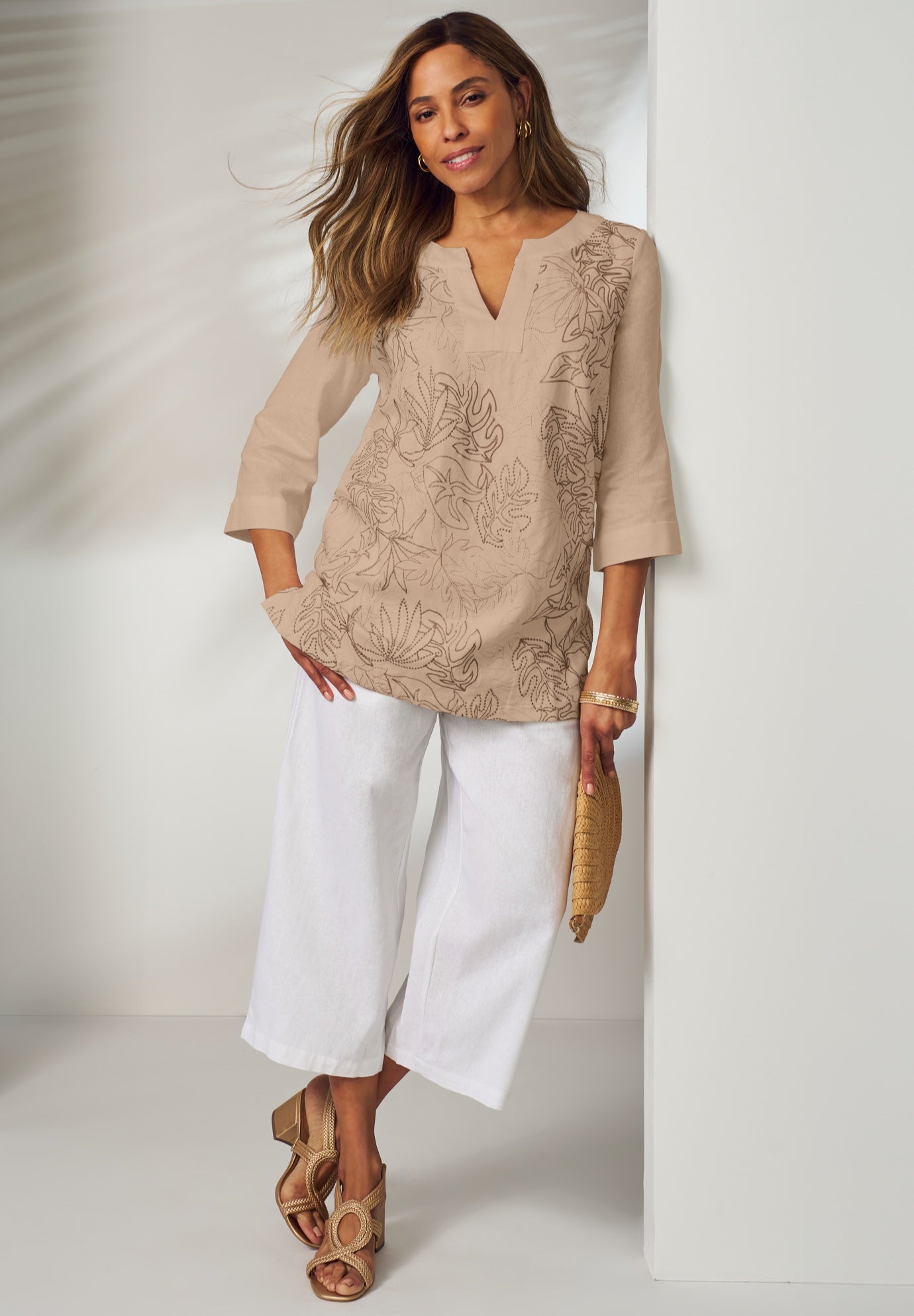 Linen V-Neck Embroidered Tunic image number 0