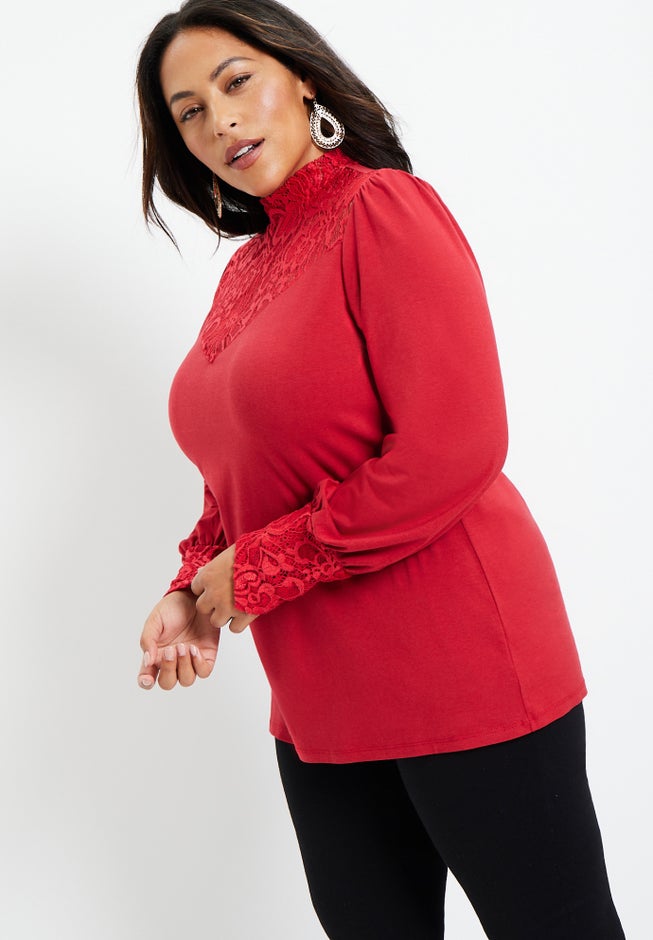 Lace Yoke Mockneck Top image number null