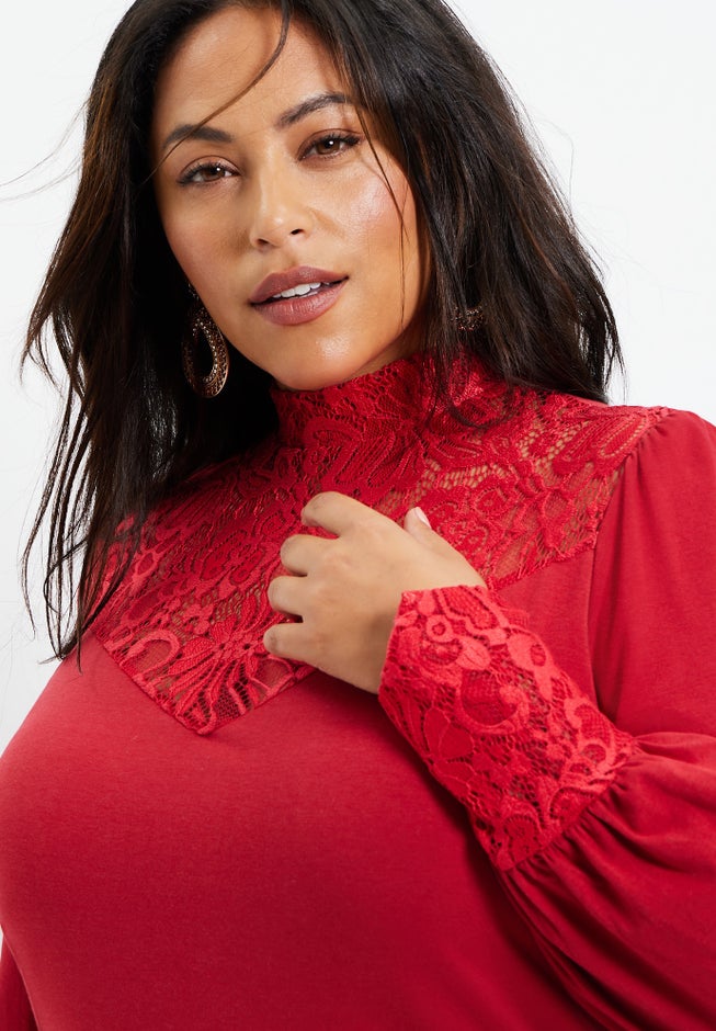 Lace Yoke Mockneck Top image number null