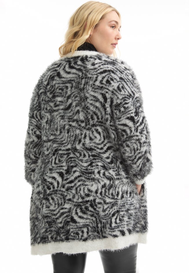 Ladies' Leopard-Print Eyelash Cardigan, Painted Zebra Black White
