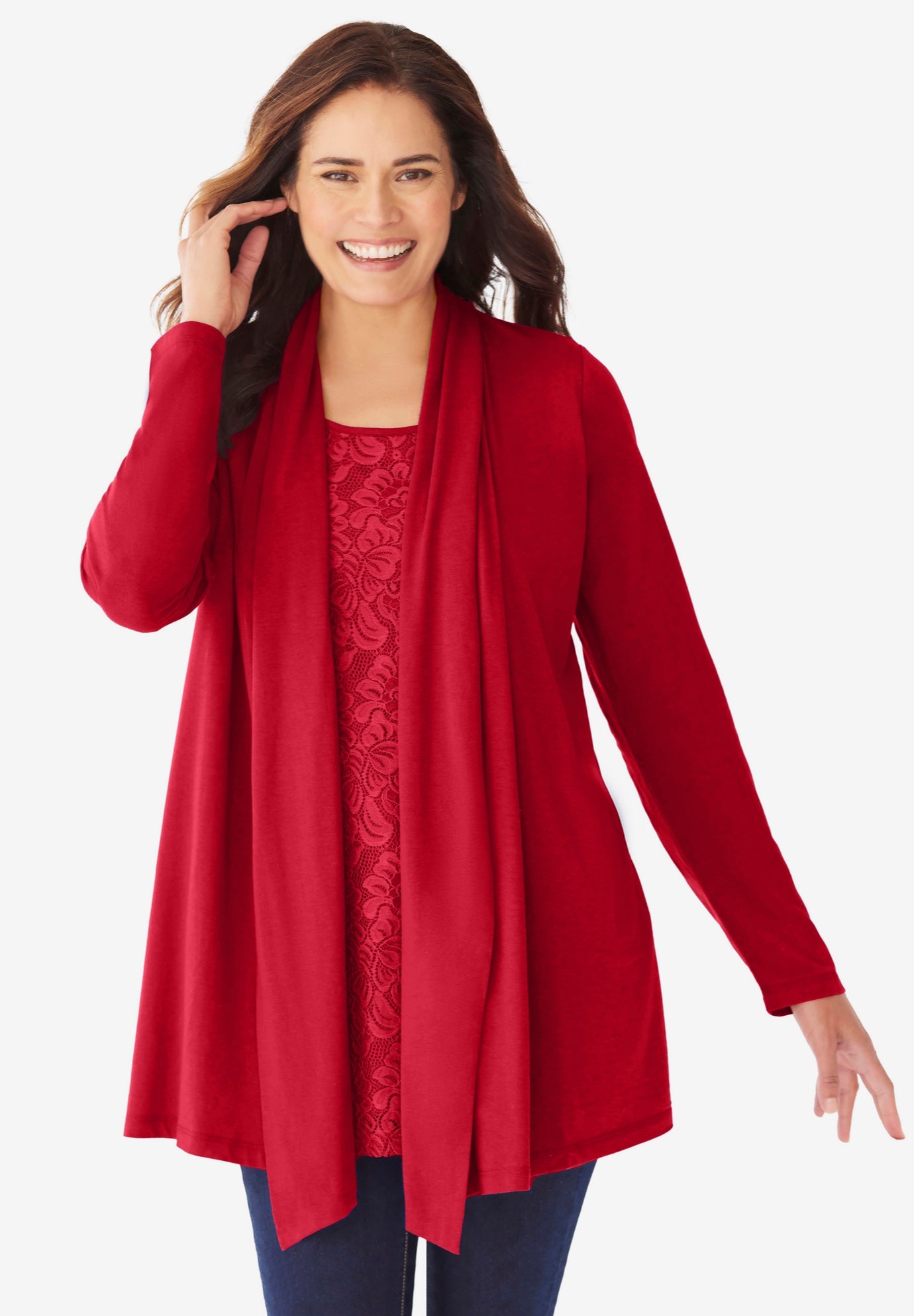 2-Fer Cardigan & Attached Lace Tunic image number 0