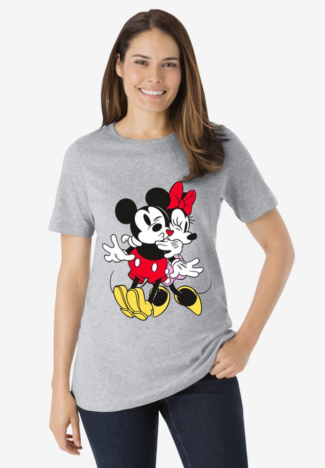 Disney Women's Short Sleeve Crew Tee Heather Gray Mickey Mouse and Minnie Mouse Hug image number 0