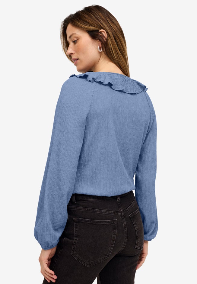 Stretch Textured Knit V-neck Ruffle Front Top image number 1