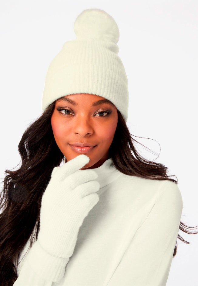 Faux Fur-Lined Beanie Hat and Glove Set. image number 0