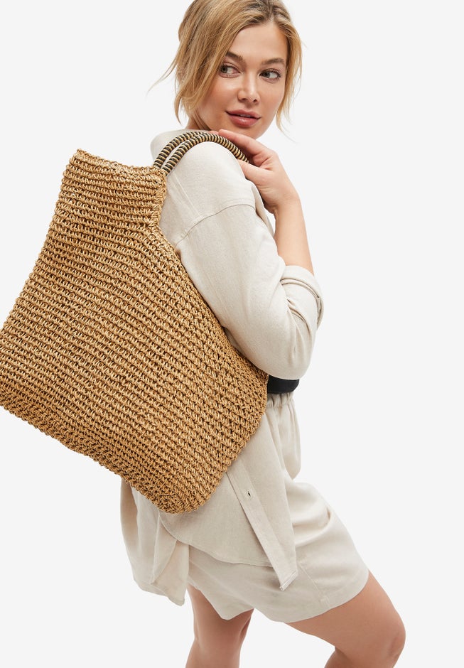 Zip-Top Straw Bag with Double Handle image number null