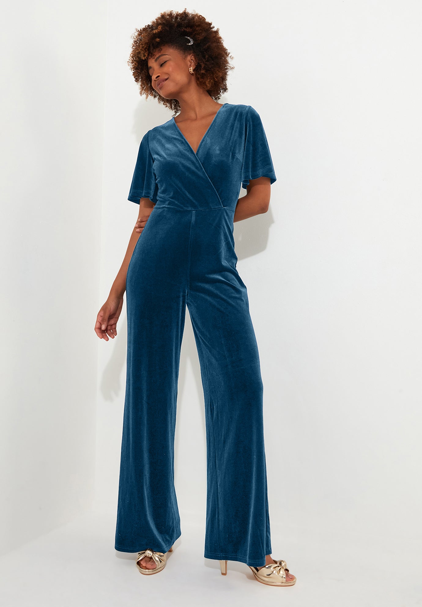 Flutter Sleeve Velvet Jumpsuit image number 2