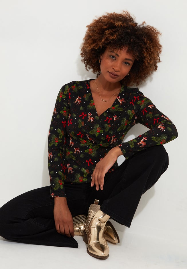 Stretch Knit Festive Wrap Top image number 0