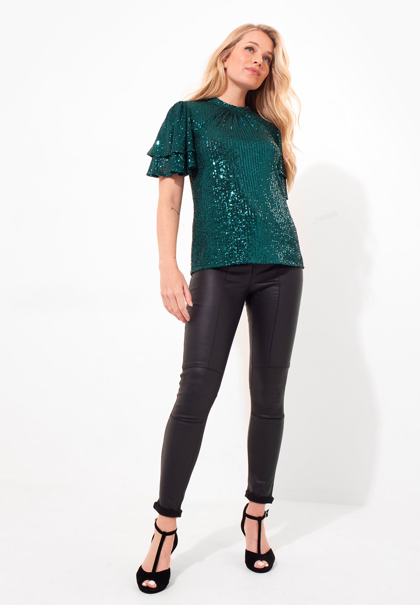 Short Flutter Sleeve Sequin Top image number 2