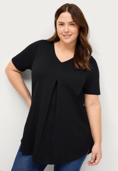 Cotton Jersey Slub V-Neck Inverted Pleat Tunic with Curved Hem