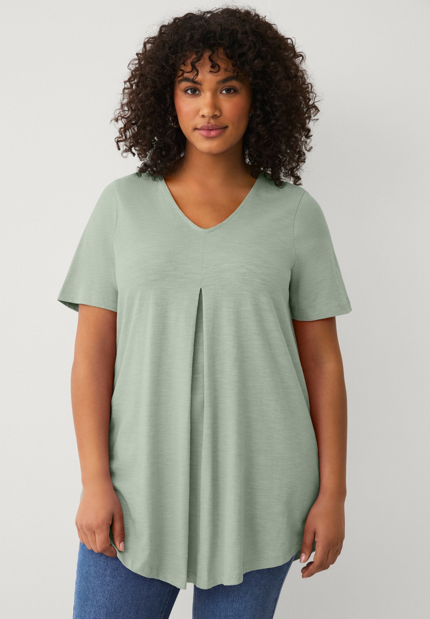 Cotton Jersey Slub V-Neck Inverted Pleat Tunic with Curved Hem image number 0