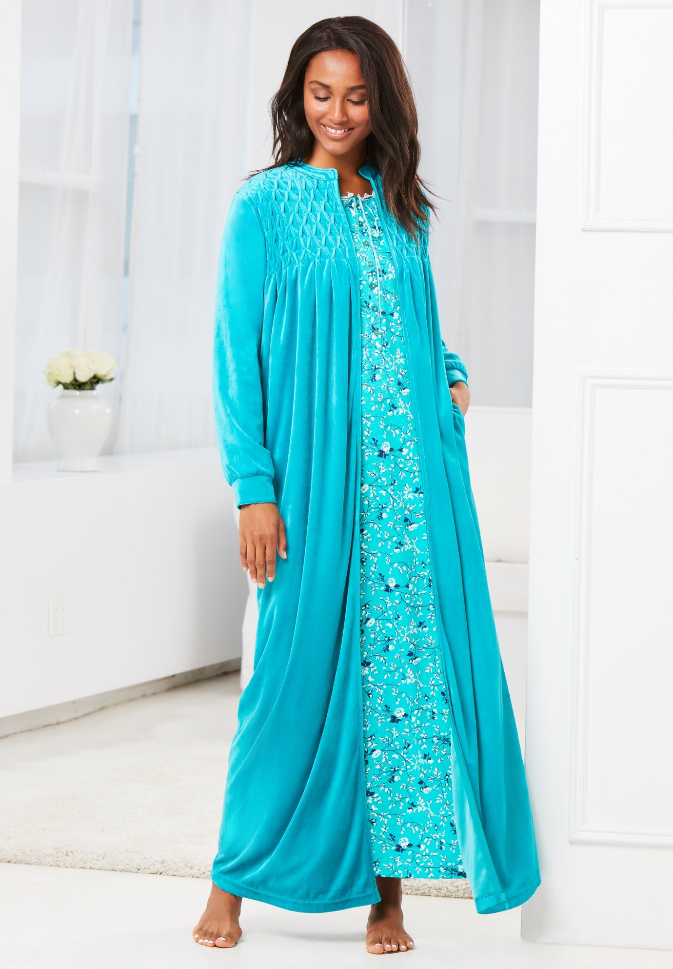 Smocked Velour Long Robe image number 7