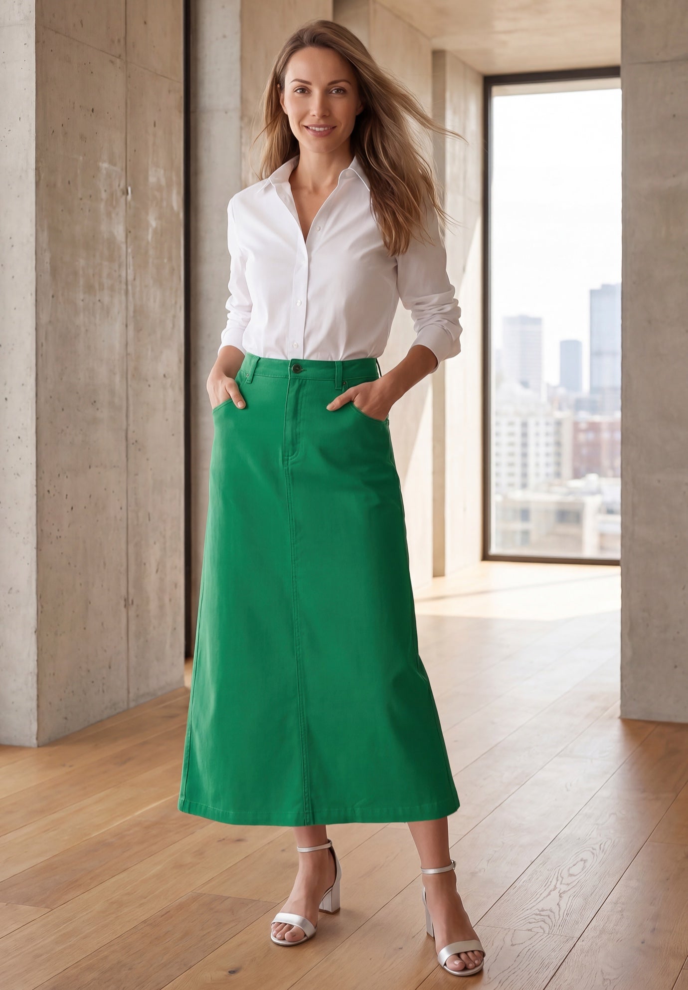 Classic Cotton Denim Midi Skirt image number 1