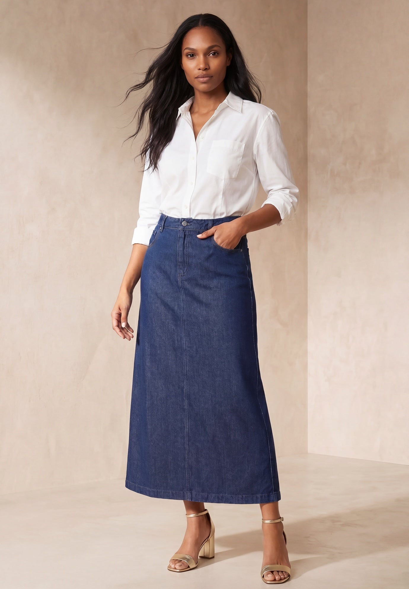 Jessica London Women's Plus Size Classic Cotton Denim Midi Skirt