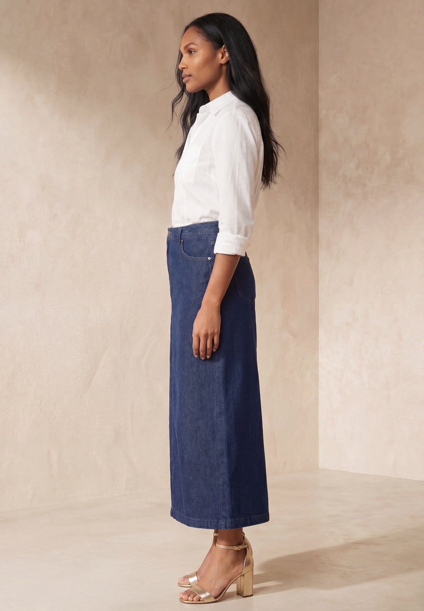 Jessica London Women's Plus Size Classic Cotton Denim Midi Skirt - Produktbild 1
