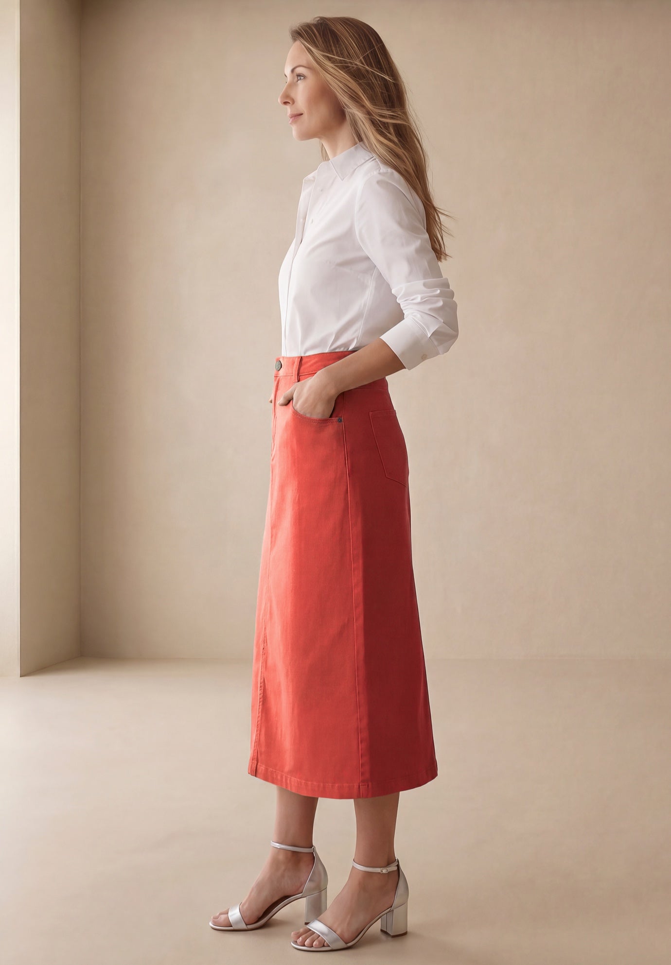 Classic Cotton Denim Midi Skirt image number 1