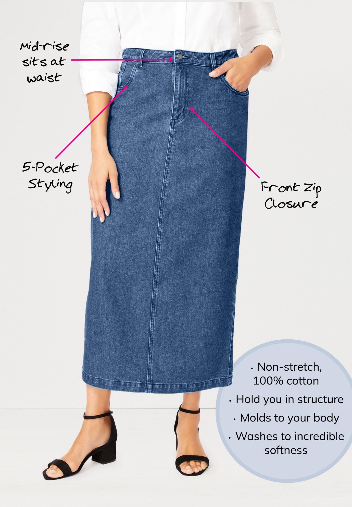 Classic Cotton Denim Midi Skirt image number 3