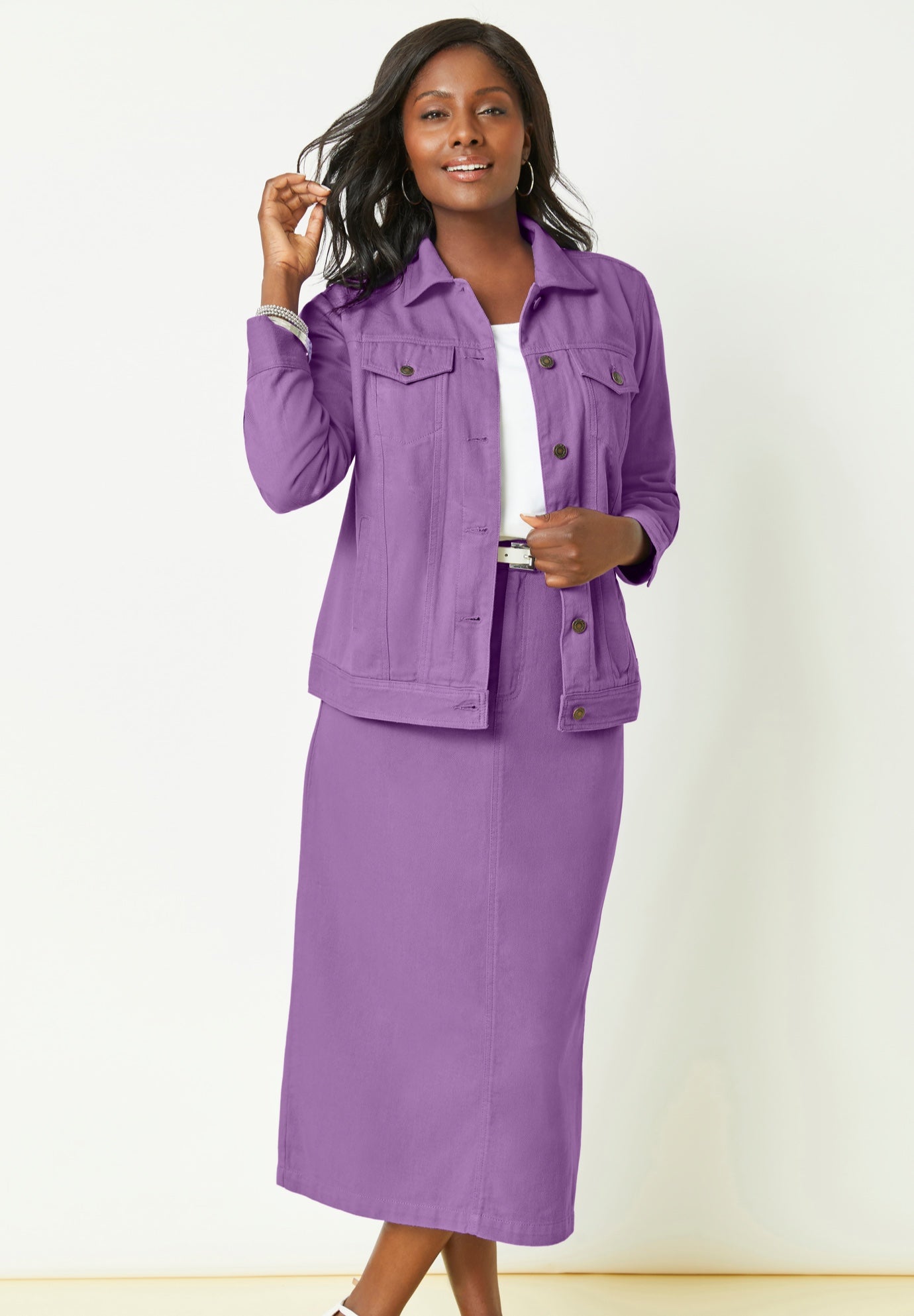 Jessica London Women's Plus Size Classic Cotton Denim Midi Skirt