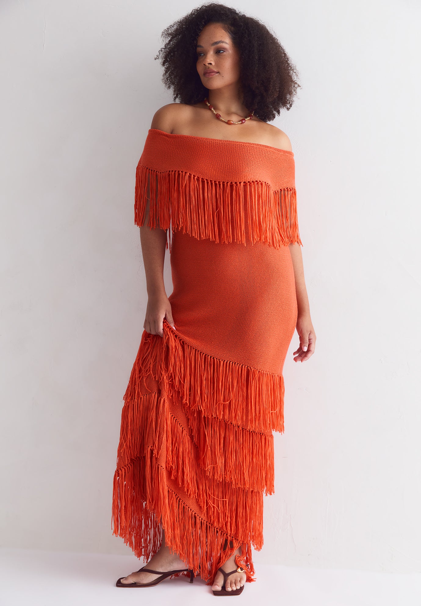 Off-Shoulder Fringe Sweater Dress image number 4