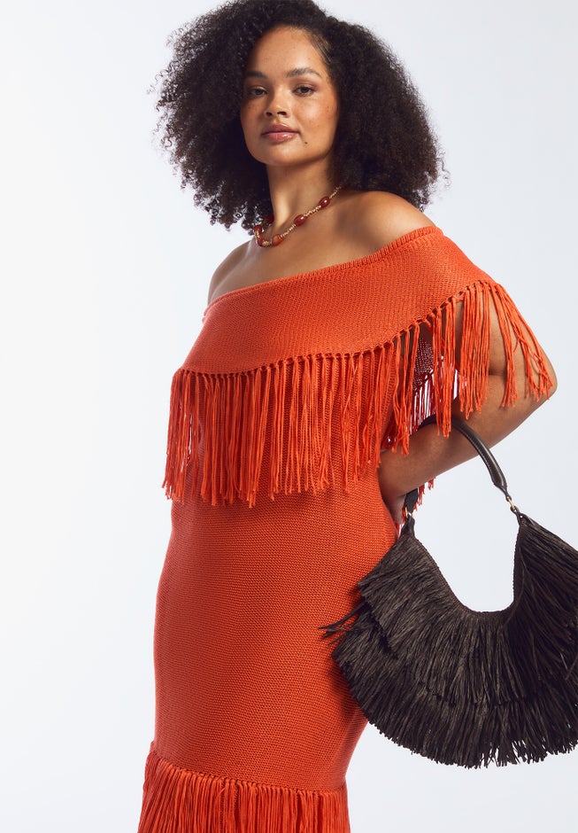 Off-Shoulder Fringe Sweater Dress image number 6