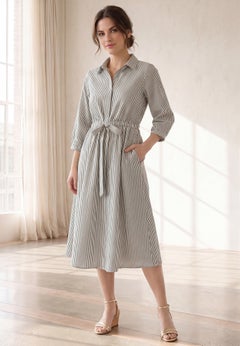 Linen-Blend Notch V-Neckline Drawstring Waist Midi Shirtdress