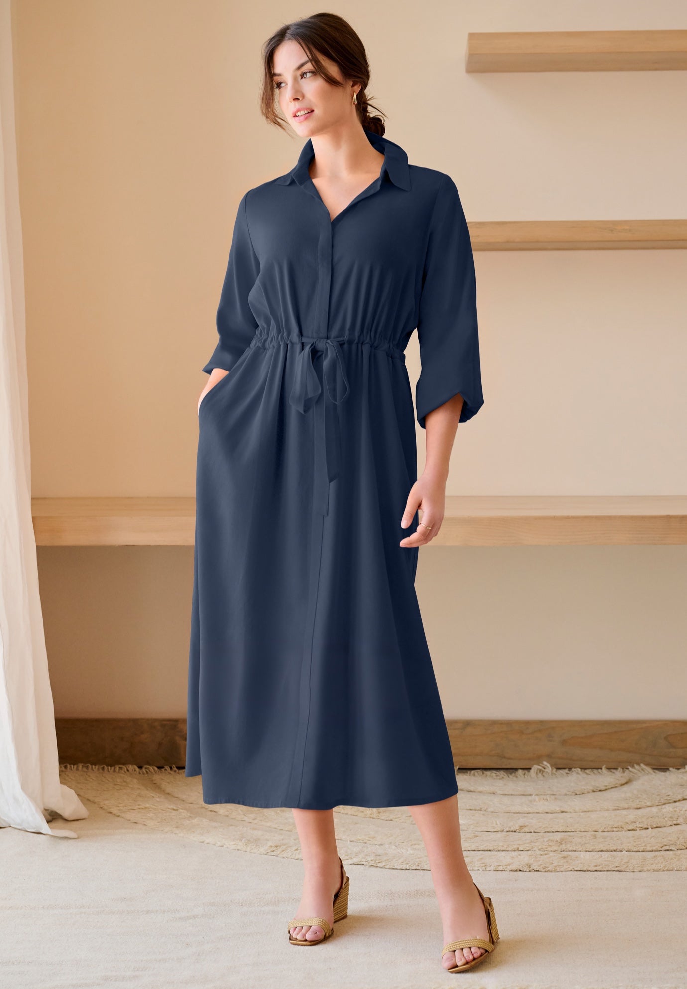 Linen Blend Tie Waist Midi Dress image number 0