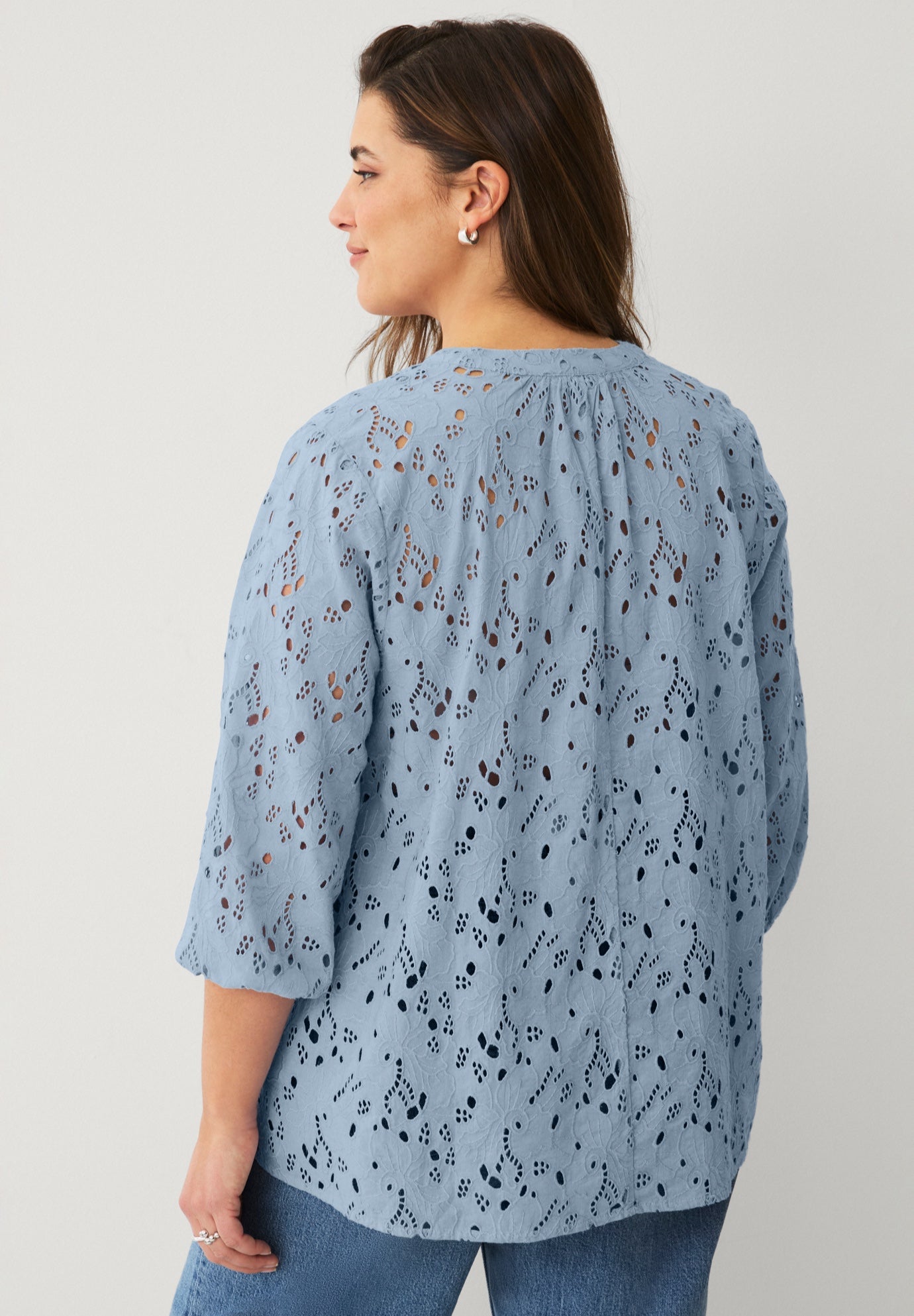 Eyelet Blouse With Notch V-neck & Blouson Sleeves image number 1