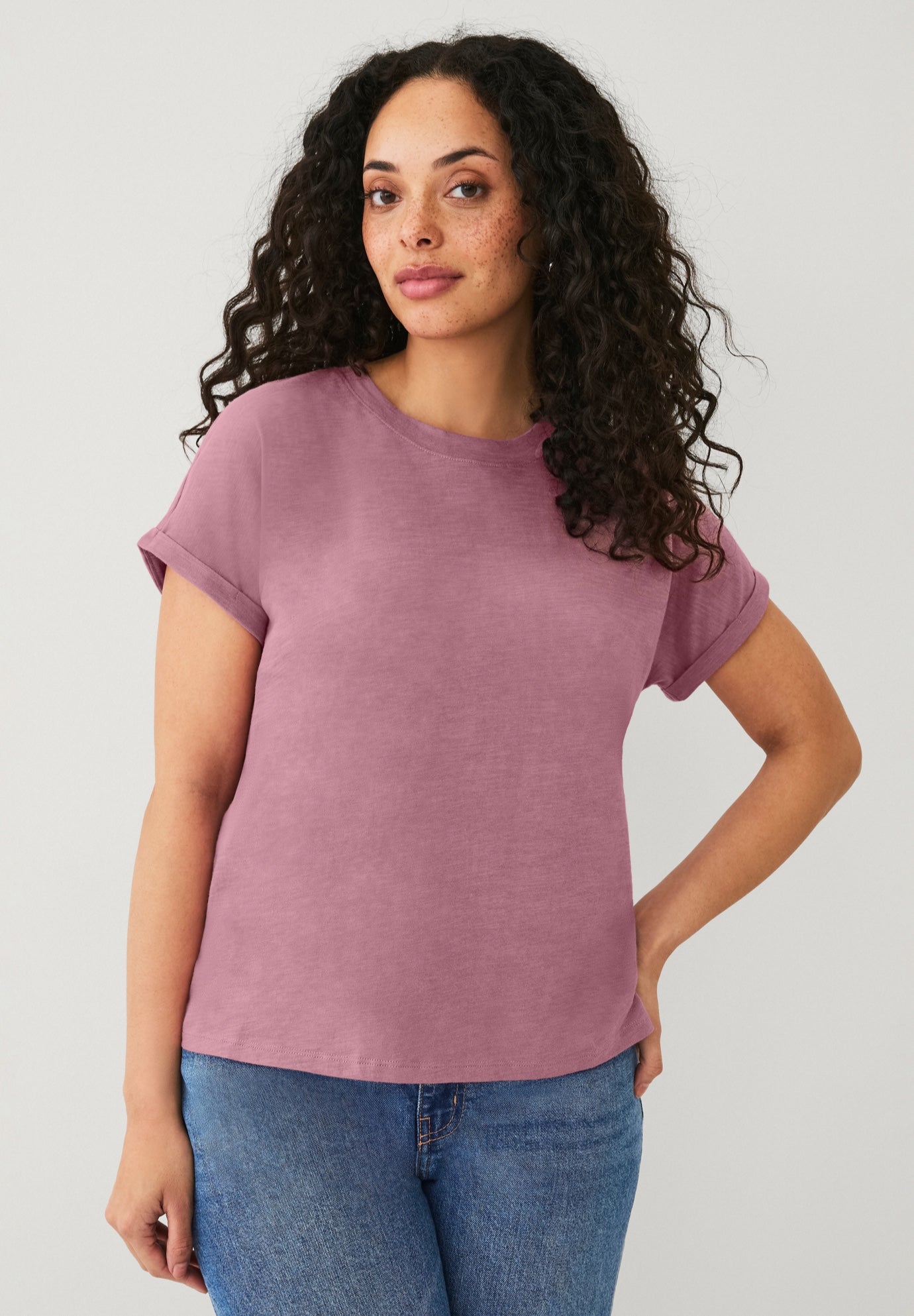 Crew Neck Tee With Rolled Cuffs image number 0