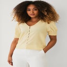 Textured Knit Button Front Top With Puff Sleeves image number null